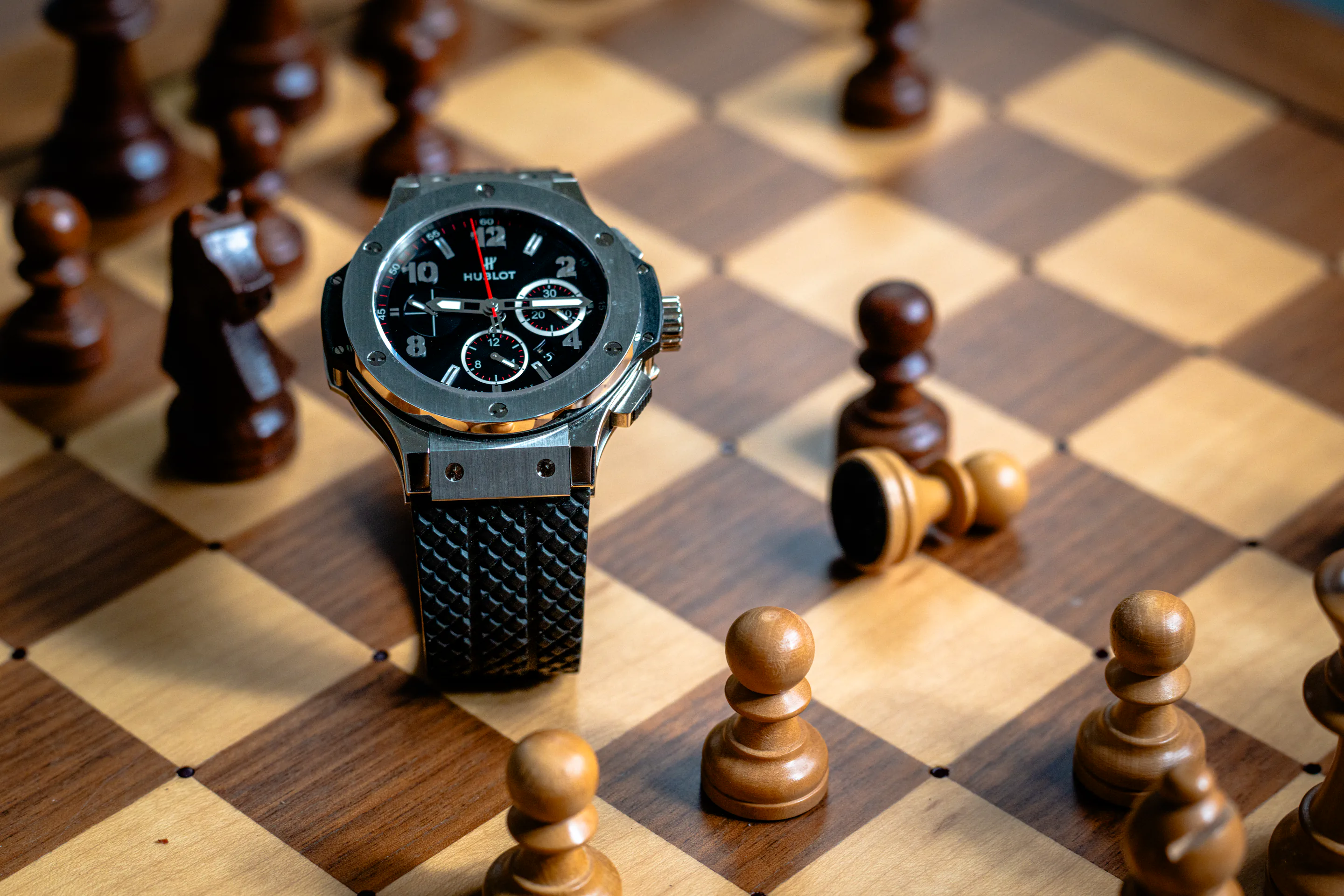 Hublot chronograph photographed on a chessboard